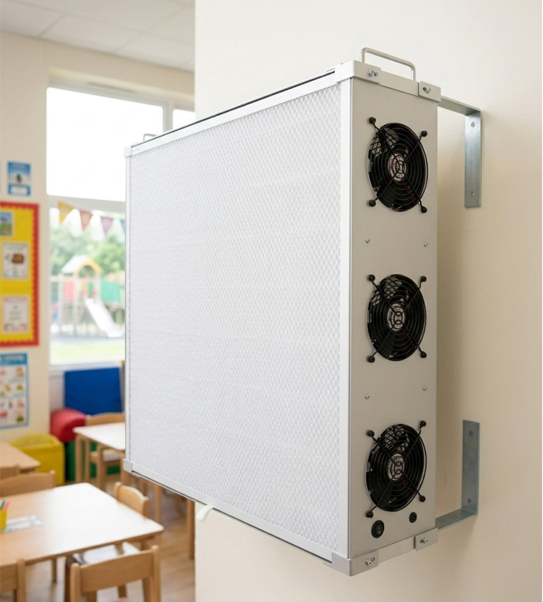 The Smart Air SA700 air cleaner wall-mounted in a classroom, saving floor space